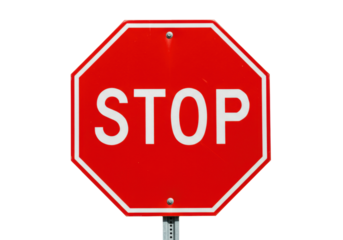 Isolated bright red stop sign, octagon with white border and lettering, cautionary object