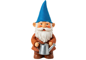Isolated gnome figurine holding watering can, garden statue with blue hat and white beard