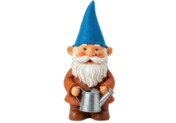 Isolated gnome figurine holding watering can, garden statue with blue hat and white beard