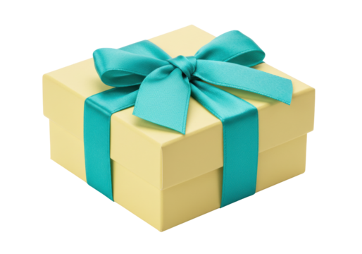 Isolated pastel yellow gift box, turquoise ribbon, festive wrapping for celebration surprise