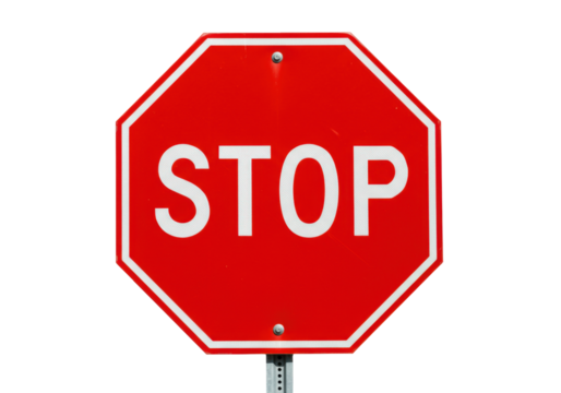 Isolated bright red stop sign, octagon with white border and lettering, cautionary object - Powered by Adobe
