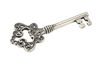 Isolated decorative antique key, elaborate, metal, intricate, unlock, ornate, vintage