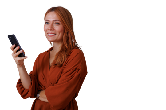 Redhead woman smiling, using smartphone for communication, connection, and social networking with copy space