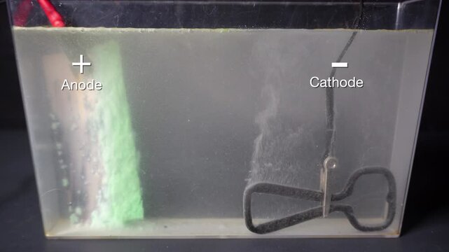 Electrolysis of metal with graphics labeling anode and cathode.