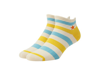 Isolated pair of striped casual ankle socks, yellow, blue, and beige, with a star accent
