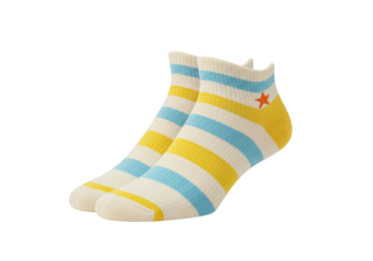 Isolated pair of striped casual ankle socks, yellow, blue, and beige, with a star accent