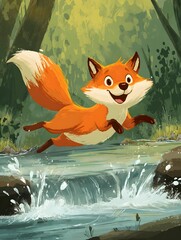 A cheerful fox leaps joyfully across a cascading stream, with lush green trees in the background.