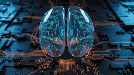Futuristic 3D digital brain hologram on circuit board, concept of artificial intelligence, neural network and innovation technology 

