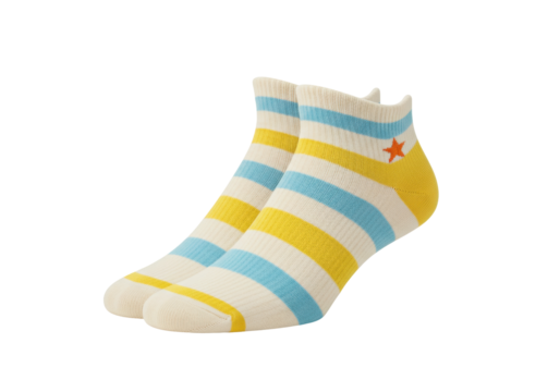 Isolated pair of striped casual ankle socks, yellow, blue, and beige, with a star accent