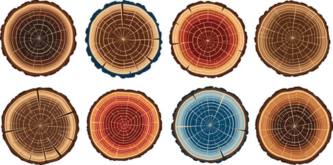 Tree Rings Set Colorful, Illustrated CrossSections with Annual Rings on White