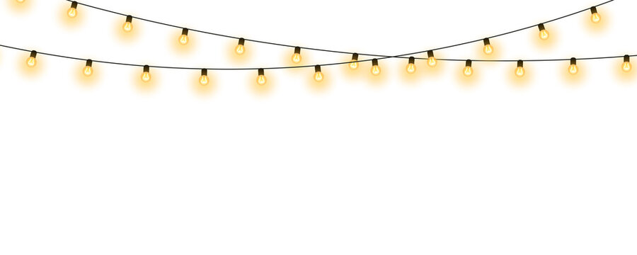 Realistic warm glowing string lights or christmas fairy light overlay with soft warm white illumination for wedding festive event celebration and home decoration on transparent background