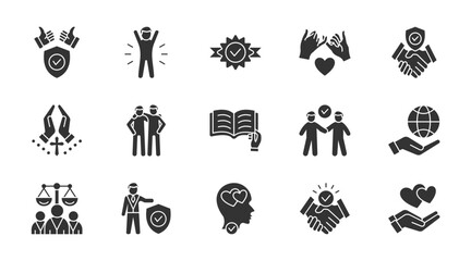 Trust thin glyph icon set. Containing confidence, credibility, promise, trustworthy, faith, friends, truth, relience, responsibility, rthics. Vector illustration
