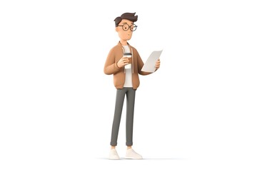 3D Cartoon Man with Glasses, Coffee, and Document on White Background