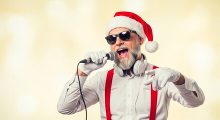 Festive elderly caucasian male singing in santa hat with microphone
