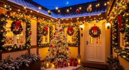 Obraz premium Festive christmas courtyard with decorated tree and wreaths at night