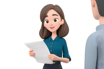 Professional 3D Woman Character Presenting Document to Colleague
