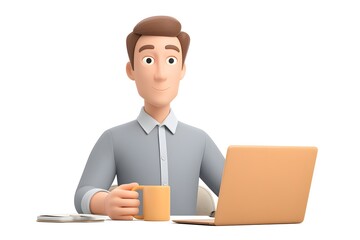 3D Cartoon Man Working with Laptop and Coffee Mug