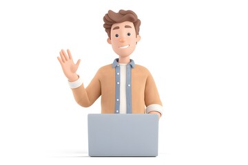 Friendly 3D Character Waving with Laptop
