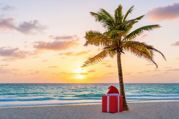 Christmas gift box with santa hat and palm tree decorated with lights on a tropical beach at sunset with ocean waves and colorful sky