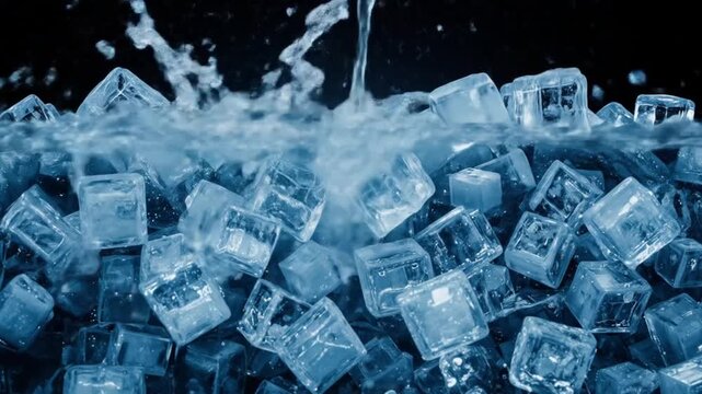 Ice cubes splashing into clear water in slow motion on black background. 4k videos