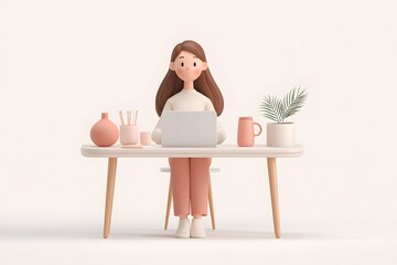 Cute 3D Cartoon Girl Working at Minimalist Desk