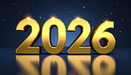 Bold gold numbers 2026 on a dark blue background with stars, highlighting the new year concept. The reflective surface adds depth.