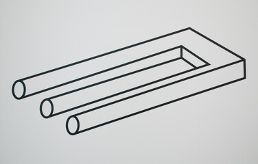 Minimalist illustration, impossible trident optical illusion, also known as the blivet or devil’s fork. This abstract geometric drawing creates a visual paradox that confuses depth and perspective.