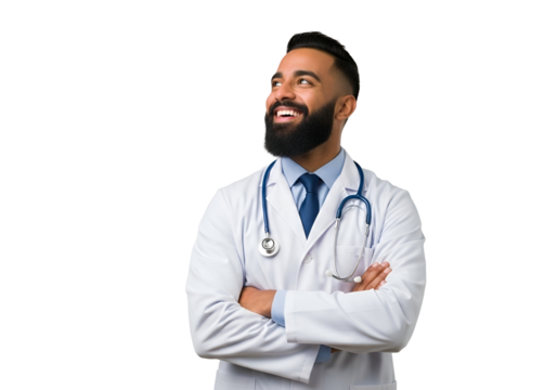 Confident Bearded Male Doctor in White Lab Coat and Stethoscope, Smiling Happily with Crossed Arms, Looking Right, Professional Healthcare Portrait isolated on transparent background.