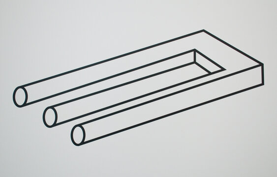 Minimalist illustration, impossible trident optical illusion, also known as the blivet or devil&rsquo;s fork. This abstract geometric drawing creates a visual paradox that confuses depth and perspective.