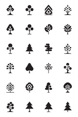 A set of 20 unique minimal tree icons in black and white. Clean geometric design inspired by nature and sustainability. Perfect for eco brands logo design web and app interfaces environmental graphics