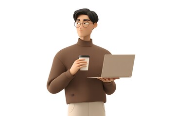 3D Character Working Remotely with Laptop and Coffee