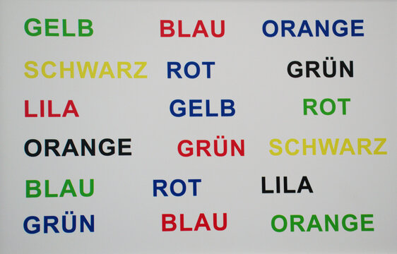 Stroop effect in German, showing color names printed in mismatched ink colors. This classic psychological test demonstrates cognitive interference between reading and color recognition. 