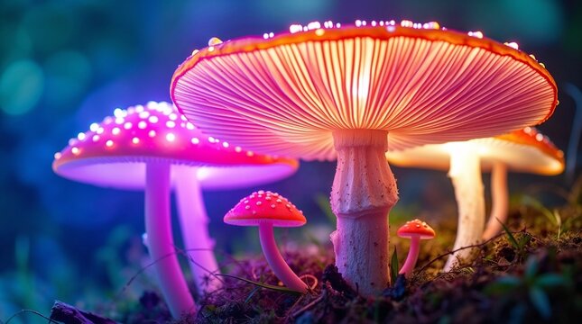 Glowing fantasy mushrooms in enchanted forest for fairy tale illustrations, magical children’s books, fantasy decor, game design, and surreal blog visuals
