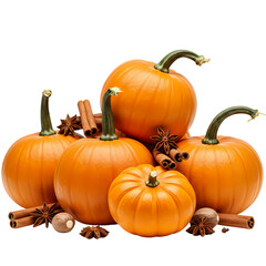 Vibrant autumn harvest of pumpkins, star anise, cinnamon sticks, and nutmeg creating a warm, festive seasonal display
