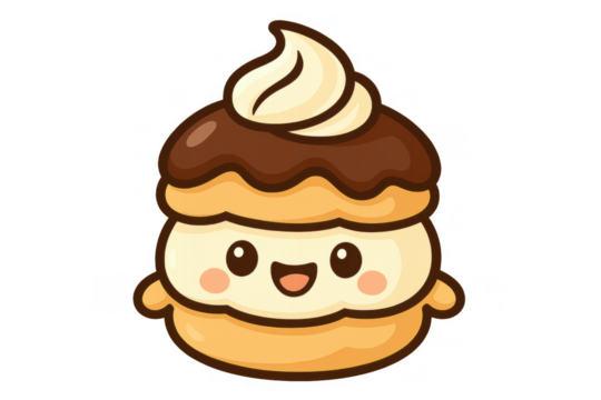 Cream puff cartoon character smiling, kawaii dessert pastry food with chocolate icing and whipped cream topping