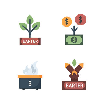 Illustrations depicting barter, growth, and financial concepts.