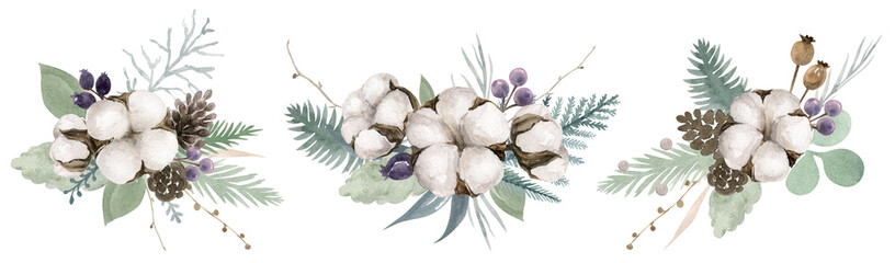 Watercolor set of winter bouquets with cotton plant, pine cones, fir tree and berries and green leaves. Hand painted watercolor for Christmas design, New Year invitations or greeting card