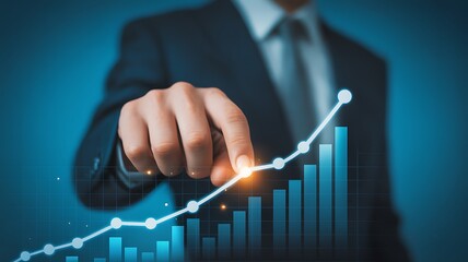Businessman touching rising graph and growing chart with upward trend on virtual screen.chart, graph, profit, stock, success, businessman, finance, investment, screen, upward, business, 