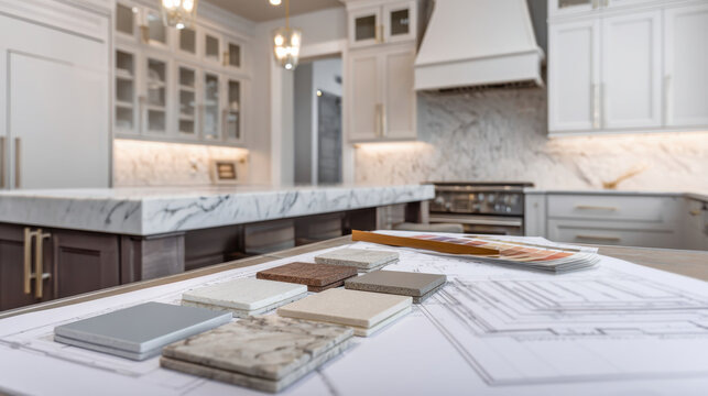 modern kitchen renovation, marble countertop samples and blueprints on table