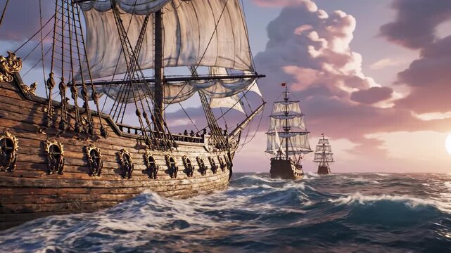 Three sailing vessels traverse open ocean under a sunset sky, waves crash, with details visible