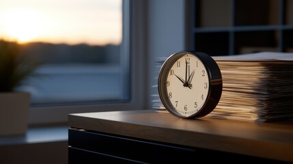 Naklejka premium Serene Sunset Light Illuminating Analog Clock Beside Stacked Papers in Cozy Workspace