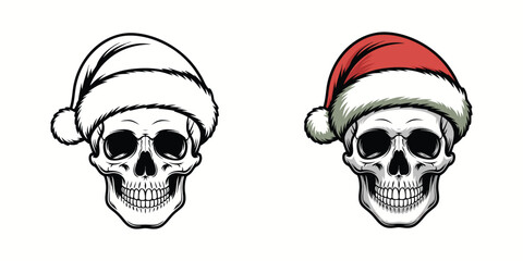Santa Skull Christmas Vector Illustration | Gothic Holiday Skull Wearing Santa Hat | Dark Winter Holiday Graphic