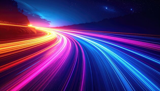 A captivating image of colorful light trails representing speed and motion on a road