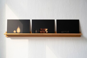 Three vinyl records displayed on a wooden shelf with soft lighting