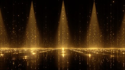 Abstract golden light particles with symmetrical spotlight composition