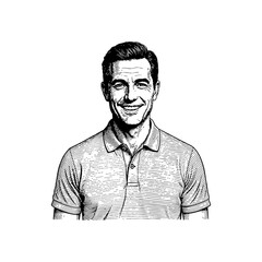 Engraving of a friendly, smiling man in a polo shirt.