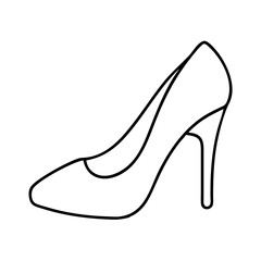 A minimalist black and white line drawing of a classic womens highheeled pump shoe, isolated on a the elegant shoe features a pointed toe and a slender stiletto heel