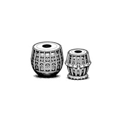 Engraving of a pair of traditional Indian tabla drums with intricate designs.