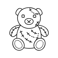 A simple black and white line drawing of a cute teddy bear with stitches, isolated on a