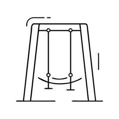 A minimalist black and white line art illustration of a swing set with two seats, one slightly curved as if in motion, isolated on a